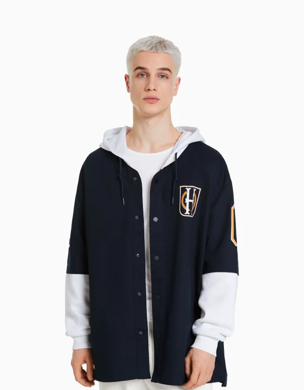 BERSHKA Vêtements*Surchemise manches longues capuche varsity molleton Marine