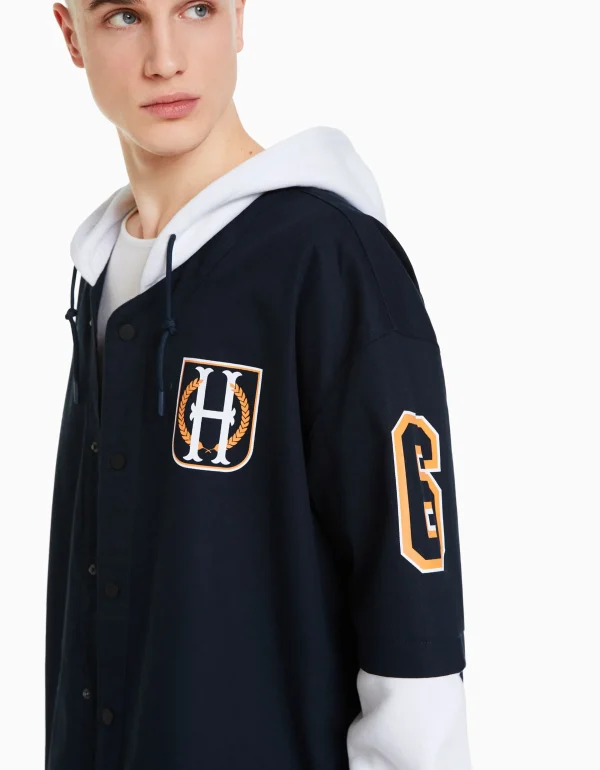 BERSHKA Blousons et manteaux*Surchemise manches longues capuche varsity molleton Marine