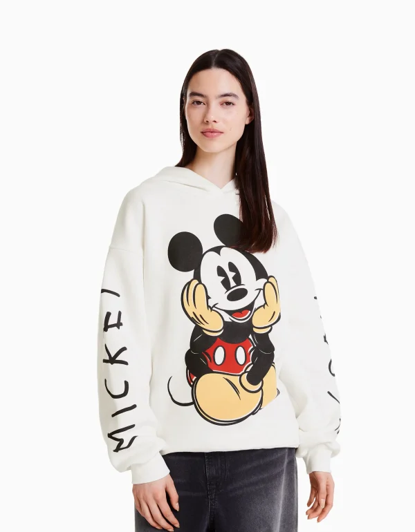 BERSHKA Cartoons*Sweat à capuche Mickey Blanc cassé