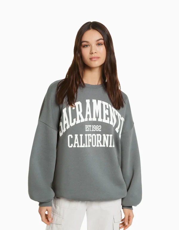 BERSHKA Pulls*Sweat ample imprimé Bleu clair