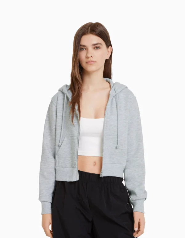 BERSHKA Survêtement*Sweat capuche cropped fermeture Éclair Gris