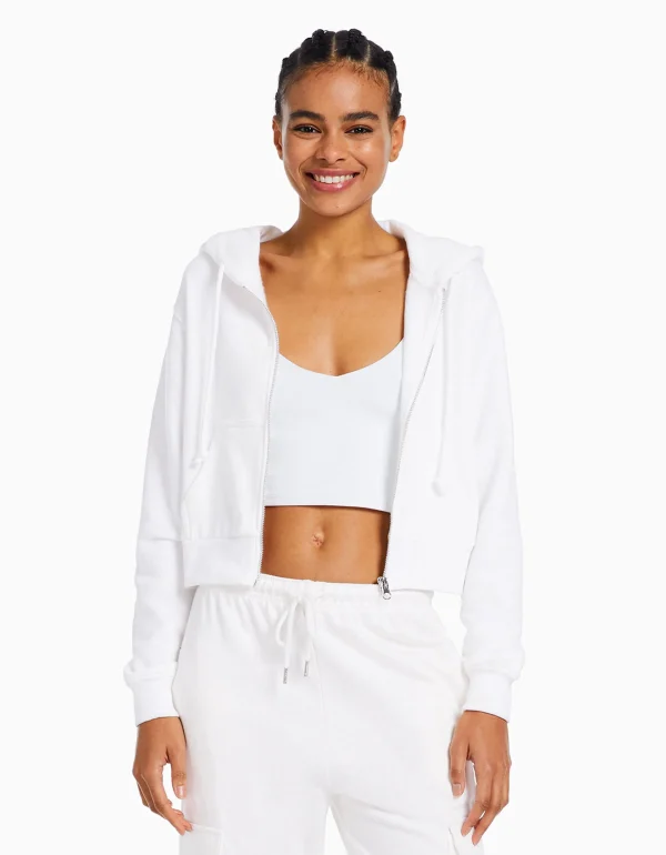 BERSHKA Personnalisables*Sweat capuche cropped fermeture Éclair Blanc