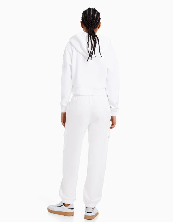 BERSHKA Survêtement*Sweat capuche cropped fermeture Éclair Blanc