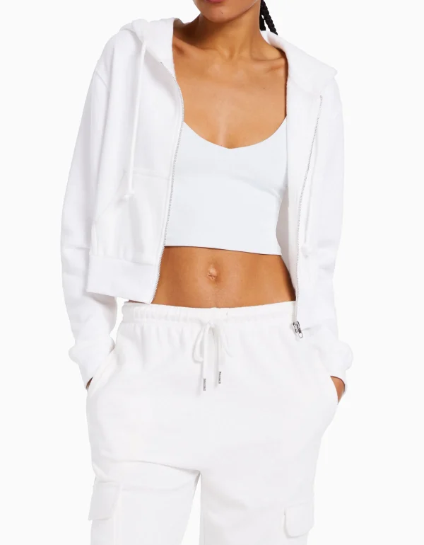 BERSHKA Survêtement*Sweat capuche cropped fermeture Éclair Blanc