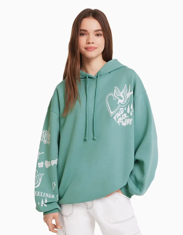 BERSHKA Sweats*Sweat capuche imprimé Vert