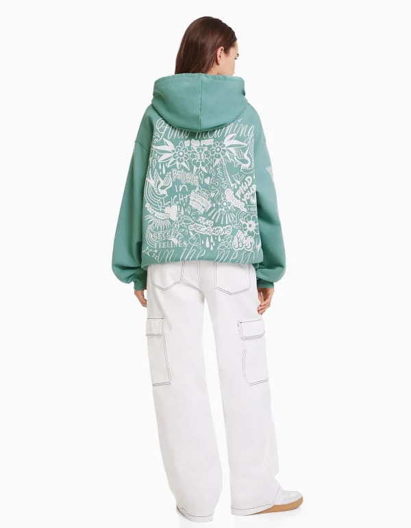 BERSHKA Sweats*Sweat capuche imprimé Vert