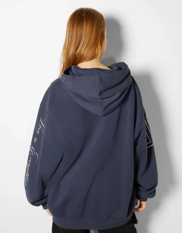 BERSHKA Sweats*Sweat capuche imprimé Bleu foncé