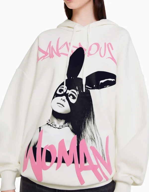 BERSHKA Sweats*Sweat capuche imprimé Ariana Grande Blanc cassé