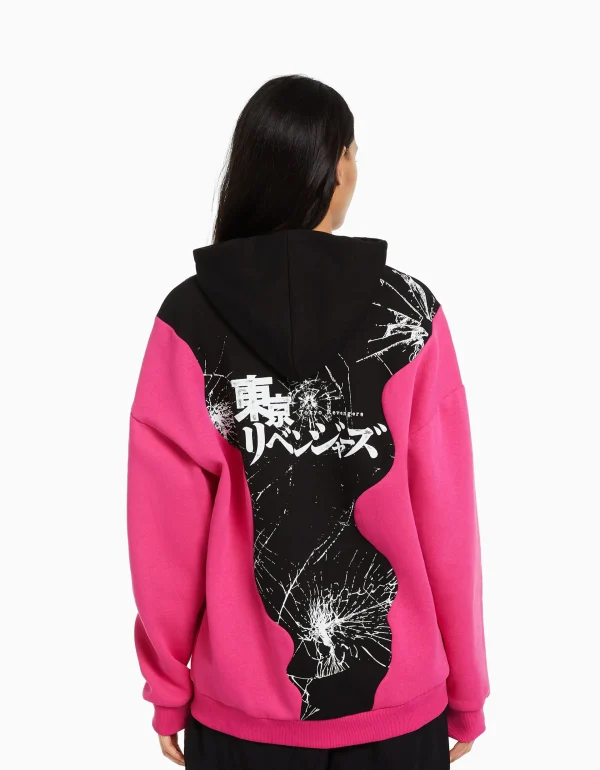 BERSHKA Vêtements*Sweat capuche imprimé TOKYO REVENGERS Fuchsia