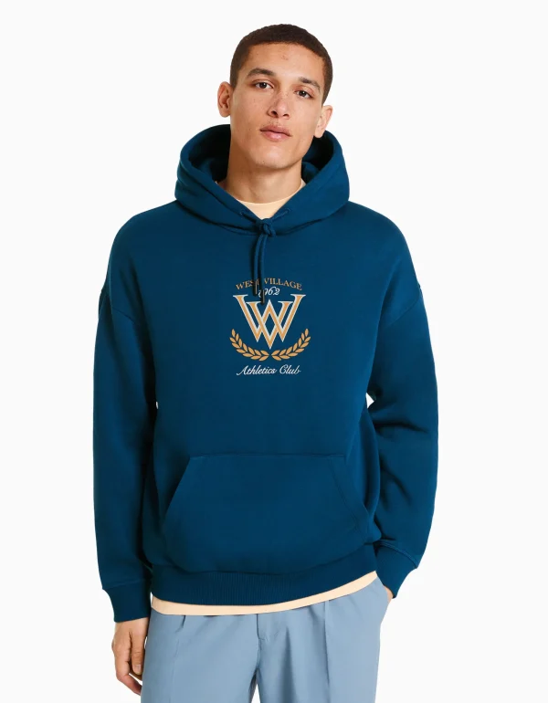 BERSHKA Vêtements*Sweat capuche varsity Bleu foncé