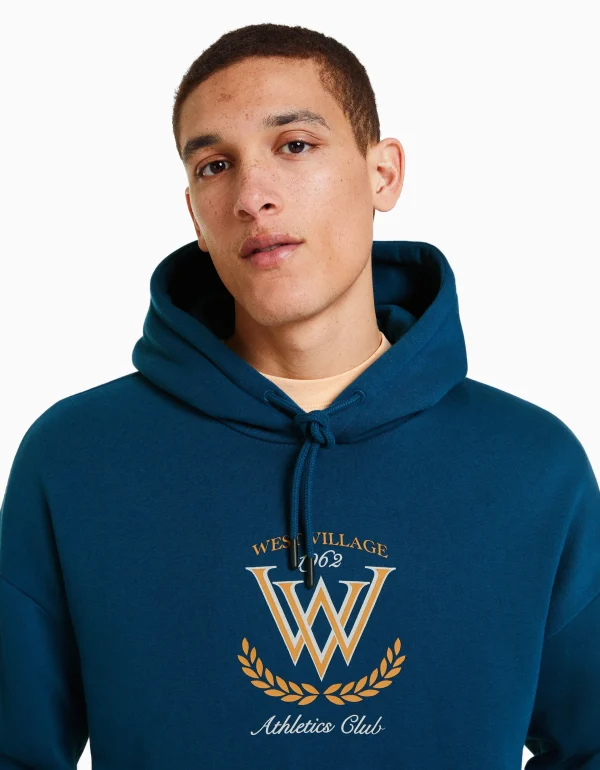 BERSHKA Vêtements*Sweat capuche varsity Bleu foncé