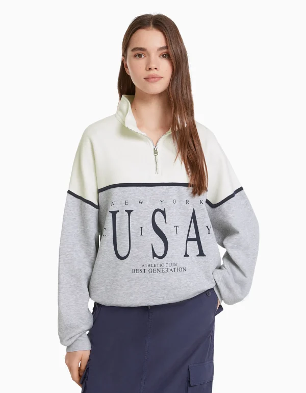 BERSHKA BSK Teen*Sweat col montant imprimé Gris