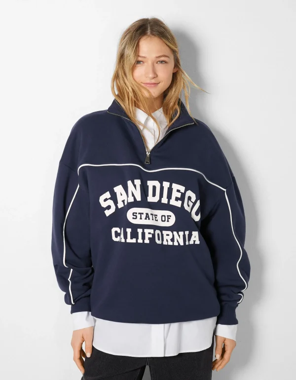 BERSHKA BSK Teen*Sweat col montant zippé imprimé San Diego Bleu foncé