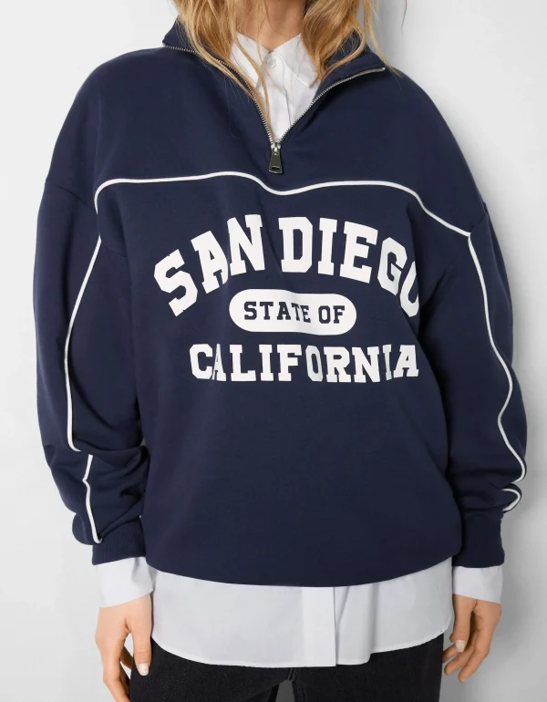 BERSHKA BSK Teen*Sweat col montant zippé imprimé San Diego Bleu foncé