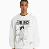 BERSHKA Vêtements*Sweat col rond imprimé One Piece Blanc