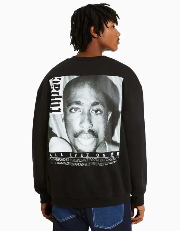 BERSHKA Vêtements*Sweat col rond Tupac Noir