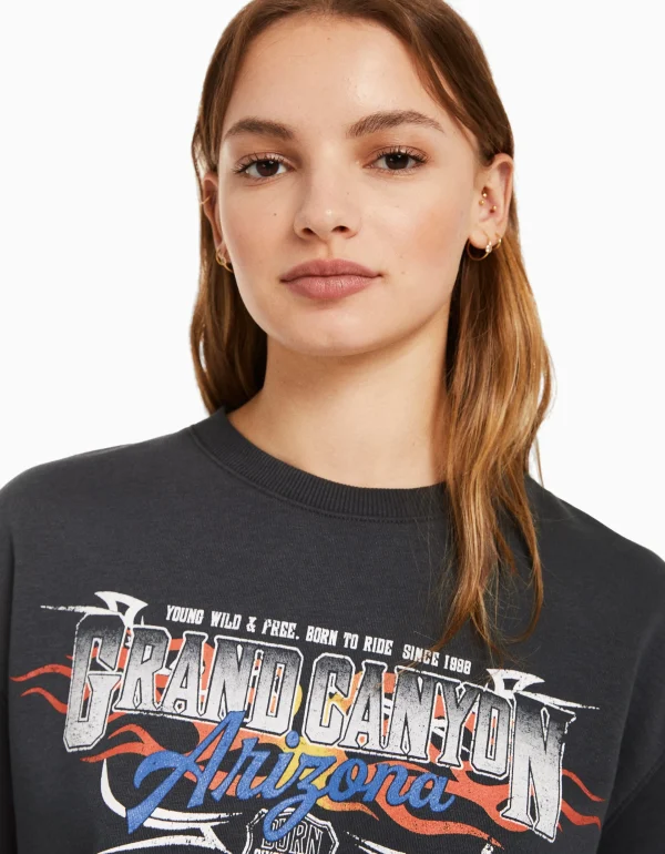 BERSHKA Tee-shirts*Sweat cropped imprimé manches courtes Gris