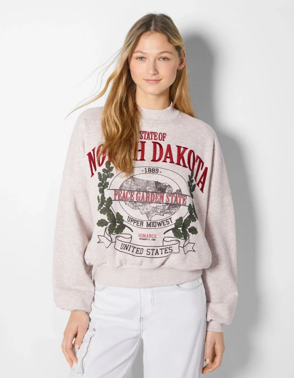 BERSHKA BSK Teen*Sweat imprimé broderie Sable