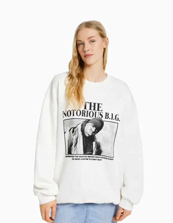 BERSHKA Sweats*Sweat imprimé The Notorious B.I.G. Blanc