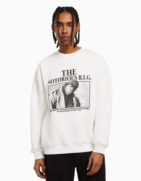 BERSHKA Sweats*Sweat imprimé The Notorious B.I.G. Blanc