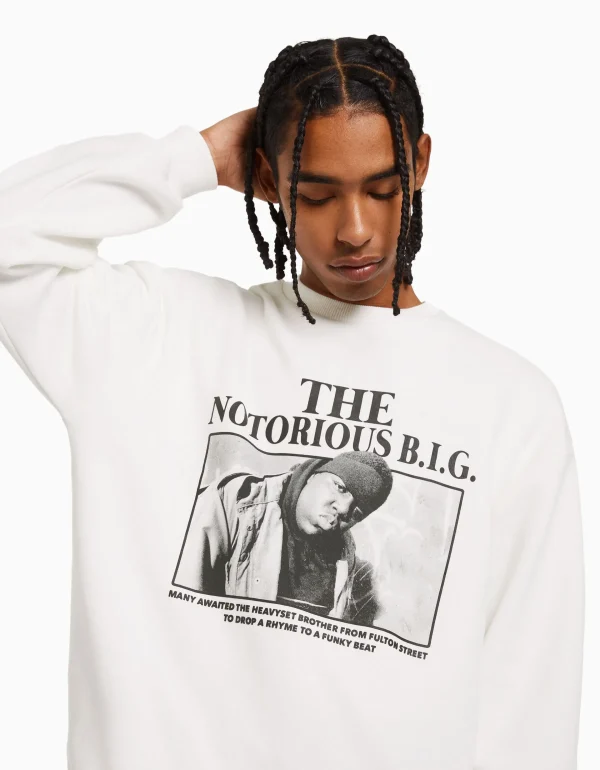 BERSHKA Sweats*Sweat imprimé The Notorious B.I.G. Blanc