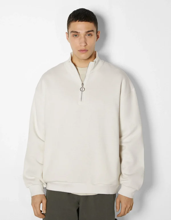 BERSHKA Sweats*Sweat oversize col montant Blanc cassé