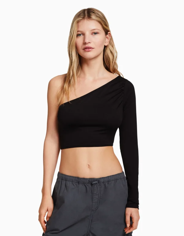 BERSHKA Vêtements*Top asymétrique manche longue Noir