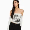 BERSHKA Vêtements*Top bandeau manches longues imprimé Nirvana Blanc