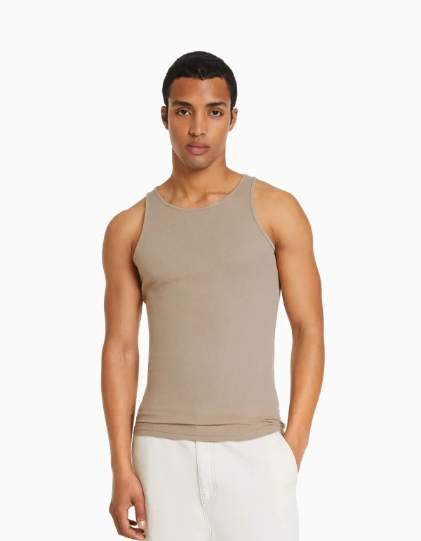 BERSHKA Vêtements*Top bretelles bord-côte Camel