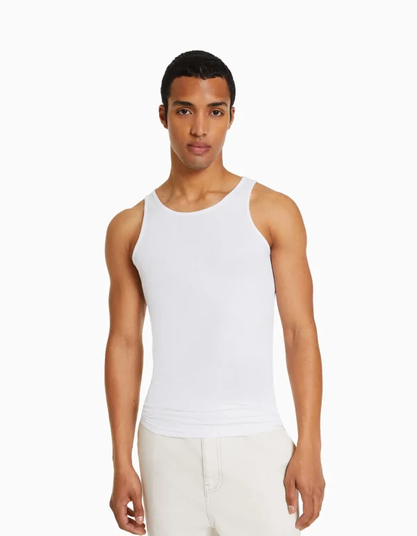 BERSHKA Vêtements*Top bretelles bord-côte Blanc