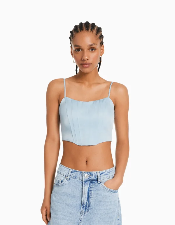 BERSHKA Vêtements*Top corset satiné bretelles fines Noir