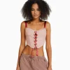 BERSHKA Vêtements*Top corset similicuir bretelles et laçage satinés Rose