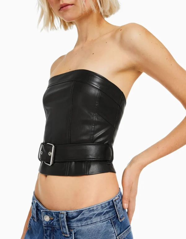 BERSHKA Vêtements*Top corset similicuir ceinture Noir