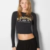 BERSHKA Tee-shirts*Top cropped manches longues imprimé Vert