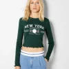 BERSHKA Tee-shirts*Top cropped manches longues imprimé Vert