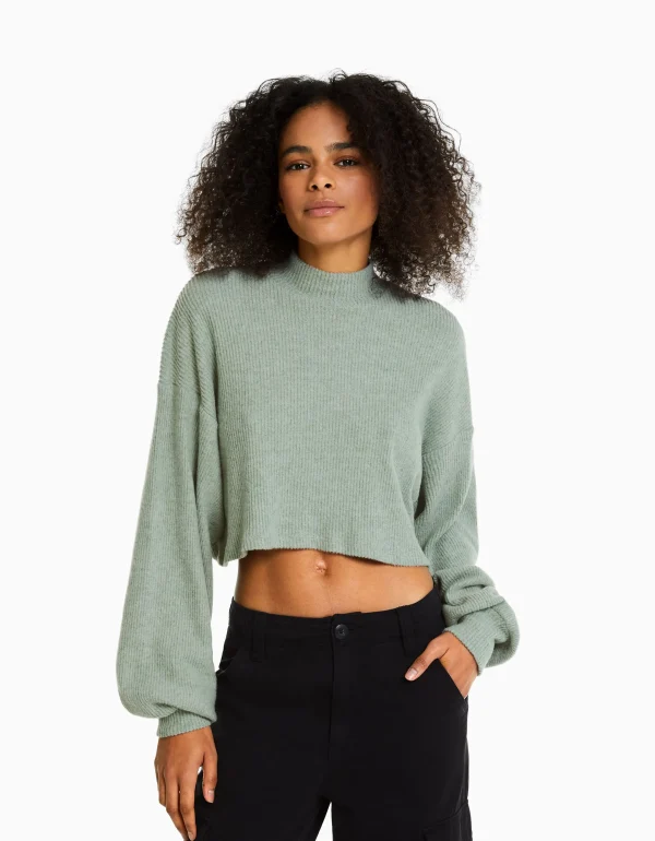 BERSHKA Maille*Top cropped manches longues col montant Vert