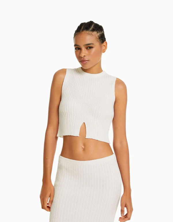 BERSHKA Vêtements*Top maille rustique Écru