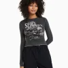 BERSHKA Tee-shirts*Top manches longues bord-côte Noir