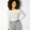 BERSHKA Join Life*Top manches longues bord-côte Blanc cassé