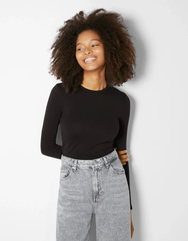 BERSHKA Join Life*Top manches longues bord-côte Noir