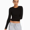 BERSHKA Personnalisables*Top manches longues bord-côte Noir