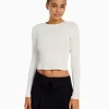 BERSHKA Personnalisables*Top manches longues bord-côte Blanc