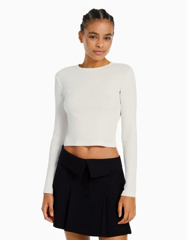 BERSHKA Personnalisables*Top manches longues bord-côte Blanc