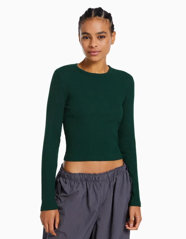 BERSHKA Personnalisables*Top manches longues bord-côte Vert