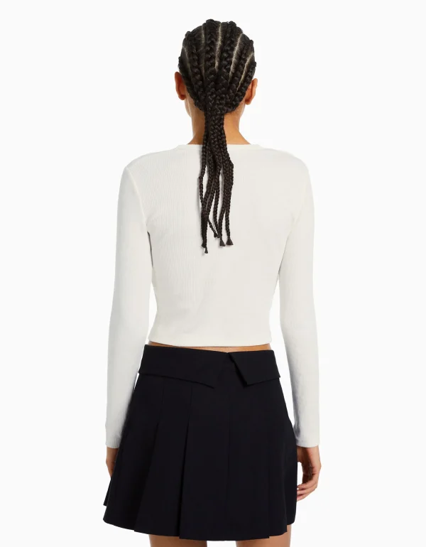 BERSHKA Personnalisables*Top manches longues bord-côte Blanc