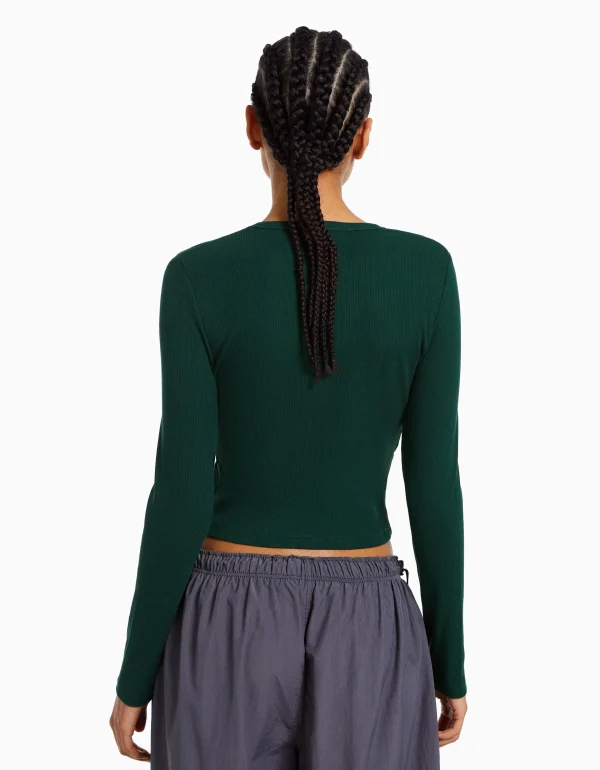 BERSHKA Personnalisables*Top manches longues bord-côte Vert