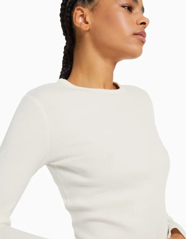 BERSHKA Personnalisables*Top manches longues bord-côte Blanc