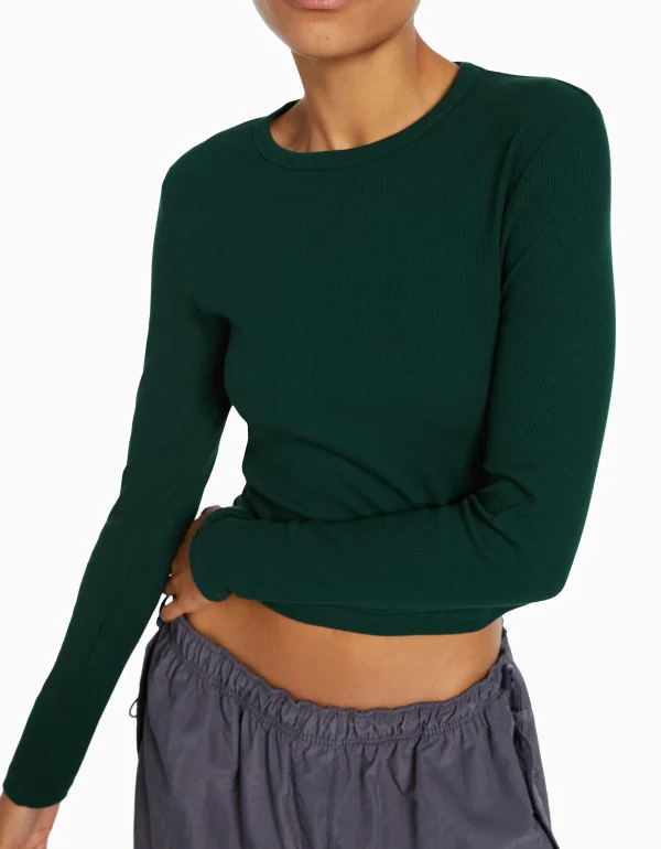 BERSHKA Personnalisables*Top manches longues bord-côte Vert