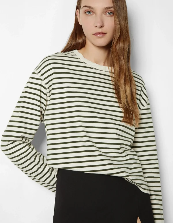 BERSHKA Tee-shirts*Top manches longues boxy fit rayures Vert