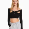 BERSHKA Vêtements*Top manches longues décolleté croisé Noir